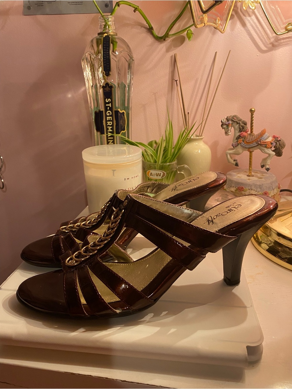 Patent Brown Chain-Accent Heeled Mules
